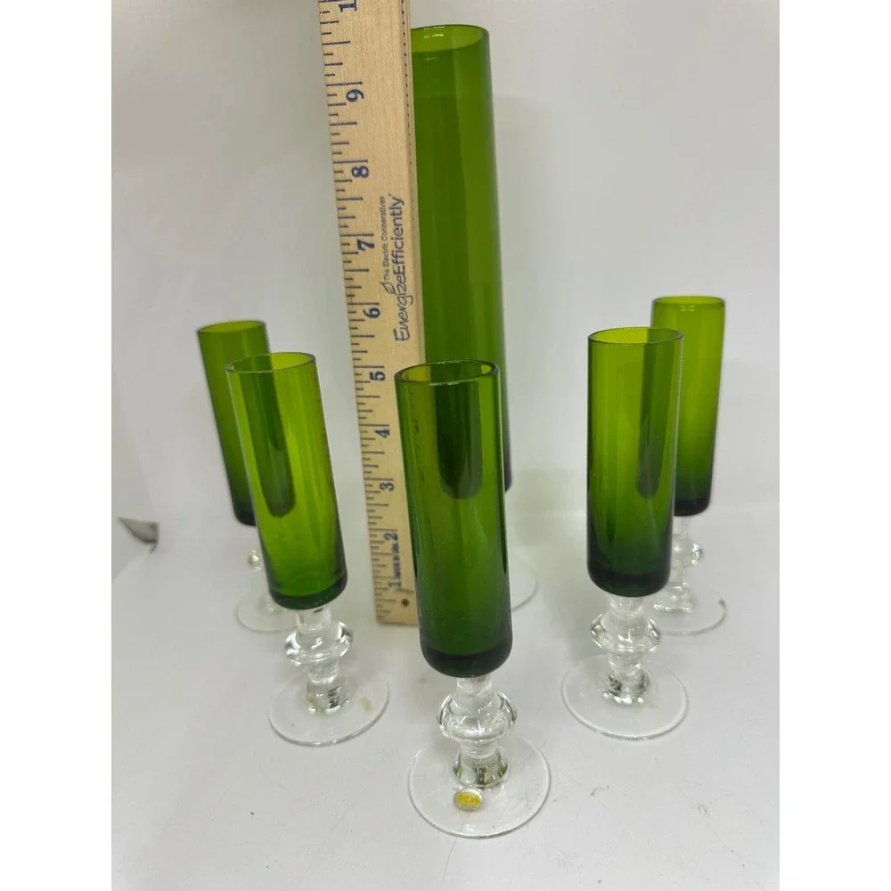 VTG Japan Glass Cordial Set Green Mid Century Modern Cylinder Stemware 6pc Set
